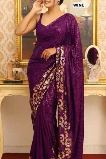 Wine georgette sequins work embroidered saree
