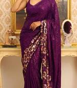 Wine georgette sequins work embroidered saree