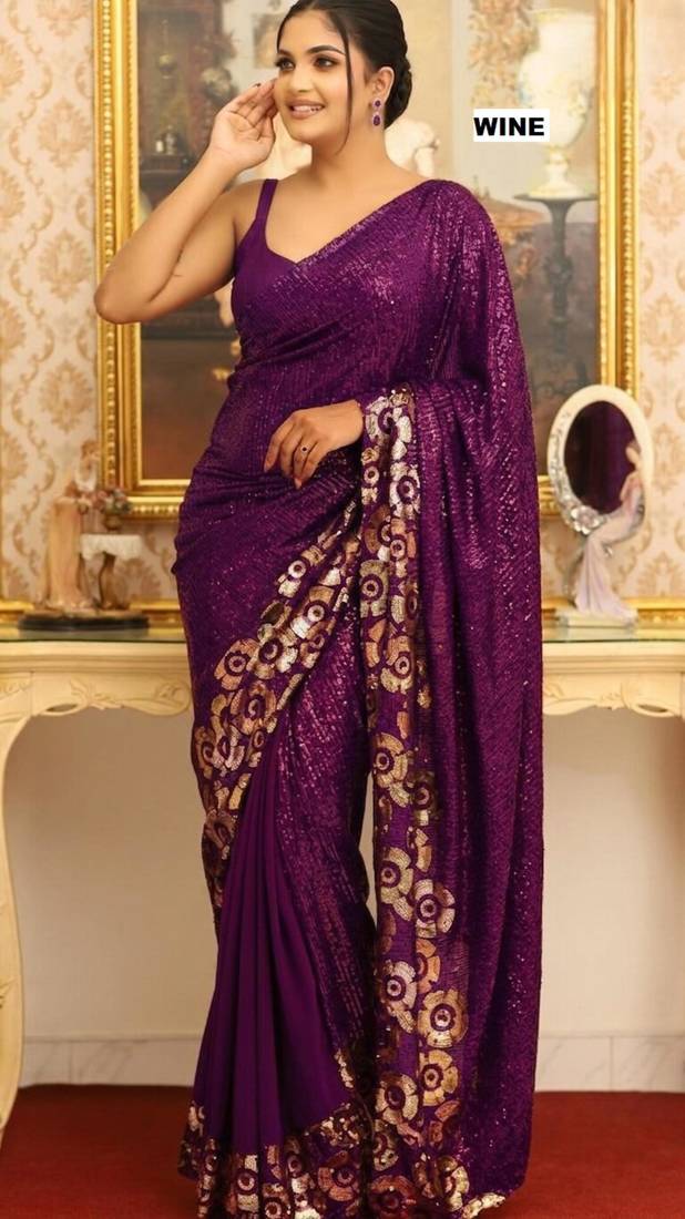 Wine georgette sequins work embroidered saree