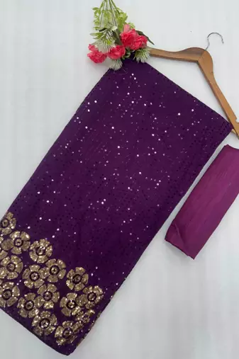 Wine georgette sequins work embroidered saree