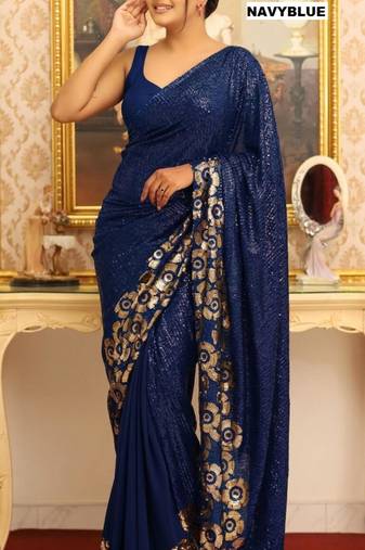 Navy blue georgette sequins work embroidered saree