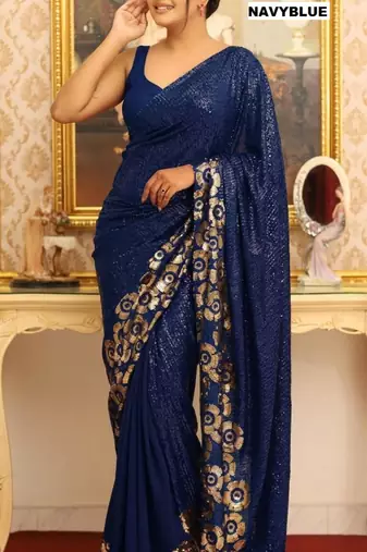 Navy blue georgette sequins work embroidered saree
