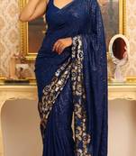 Navy blue georgette sequins work embroidered saree