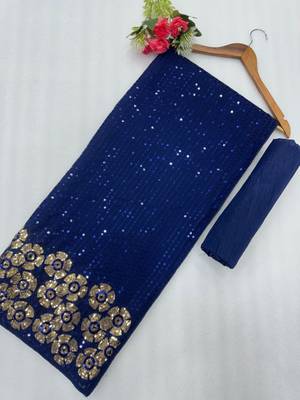 Navy blue georgette sequins work embroidered saree 3
