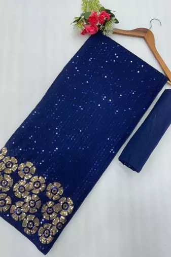 Navy blue georgette sequins work embroidered saree