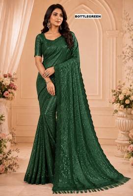 Dark green georgette sequins work embroidered saree 1