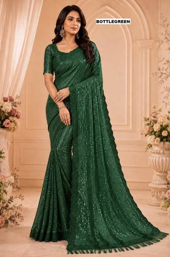 Dark green georgette sequins work embroidered saree