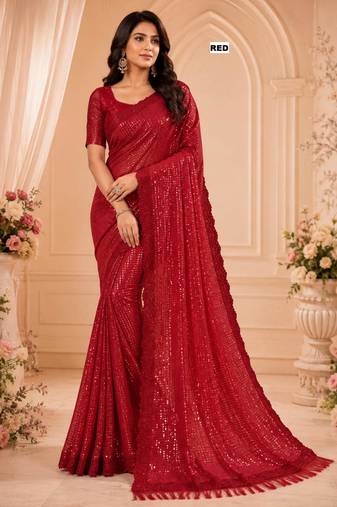 Red georgette sequins work embroidered saree