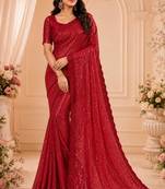 Red georgette sequins work embroidered saree