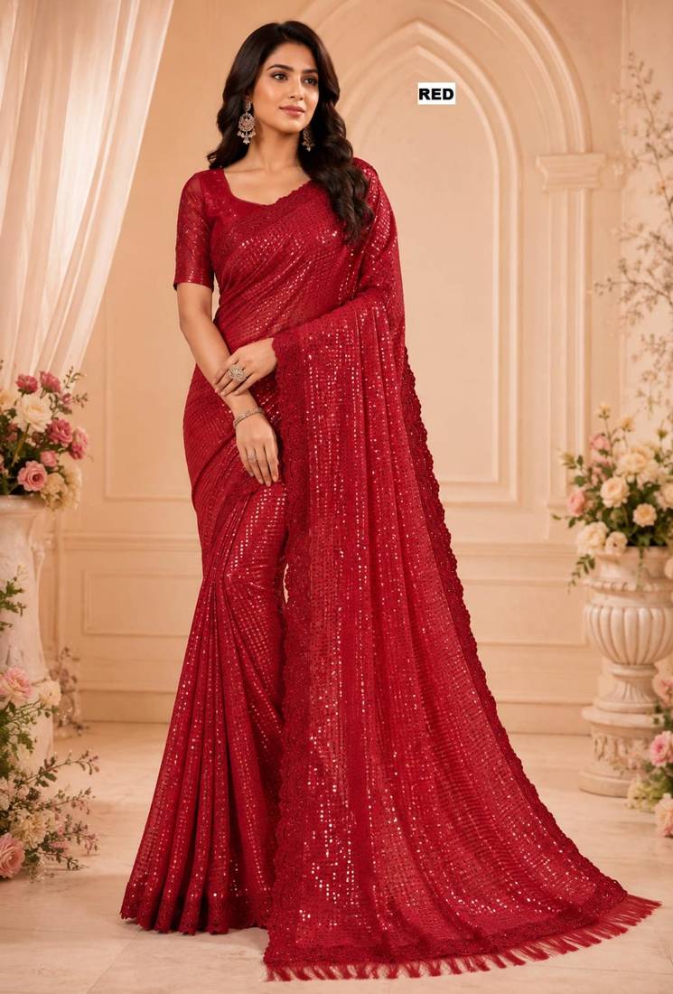 Red georgette sequins work embroidered saree
