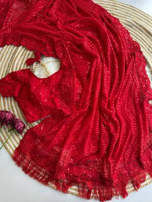 Red georgette sequins work embroidered saree 3