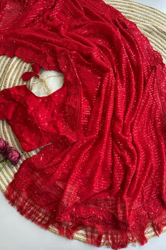 Red georgette sequins work embroidered saree