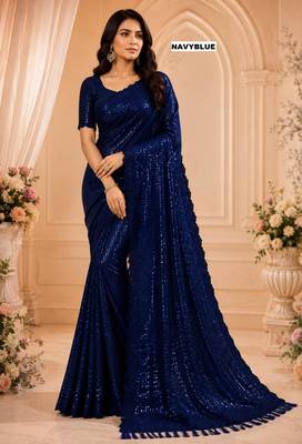 Navy blue georgette sequins work embroidered saree 1