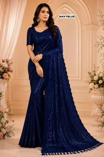 Navy blue georgette sequins work embroidered saree