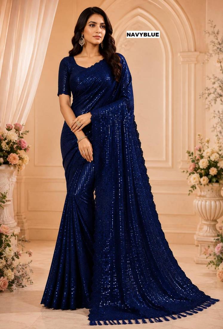 Navy blue georgette sequins work embroidered saree