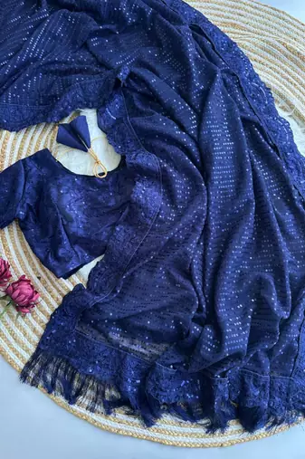 Navy blue georgette sequins work embroidered saree