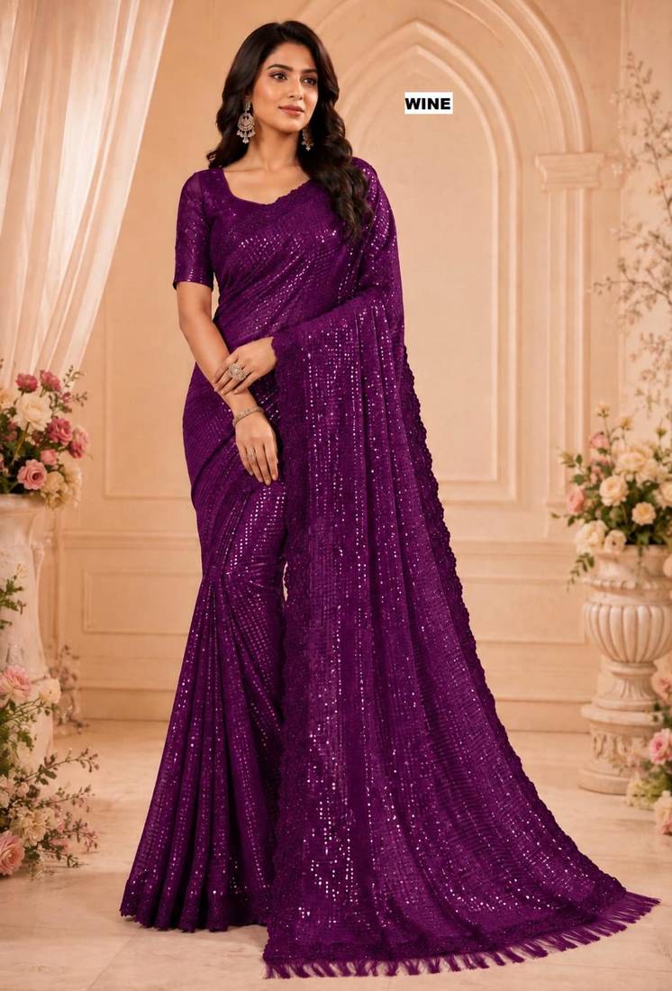 Wine georgette sequins work embroidered saree