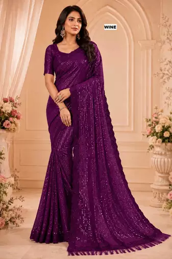 Wine georgette sequins work embroidered saree