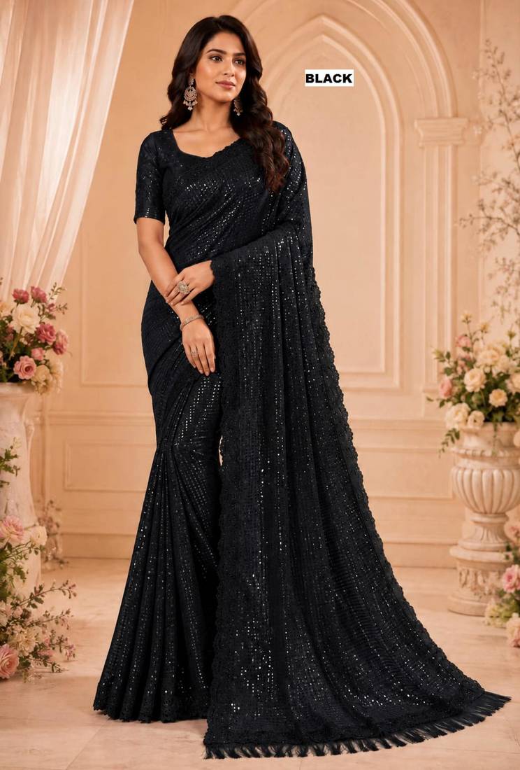 Black georgette sequins work embroidered saree