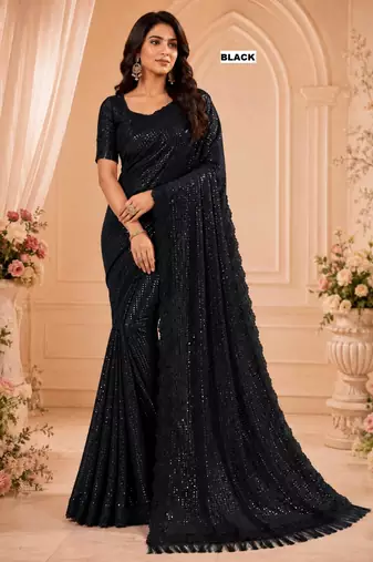 Black georgette sequins work embroidered saree