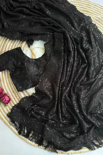 Black georgette sequins work embroidered saree