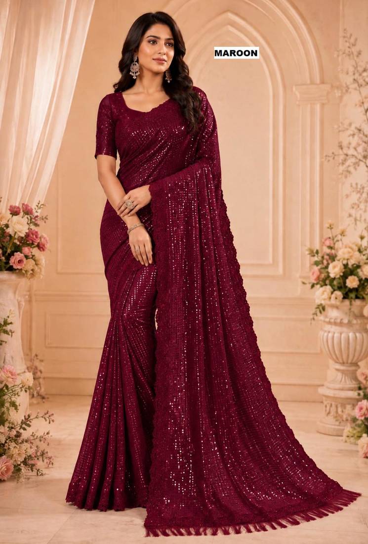 Maroon georgette sequins work embroidered saree