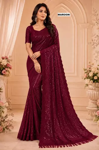 Maroon georgette sequins work embroidered saree