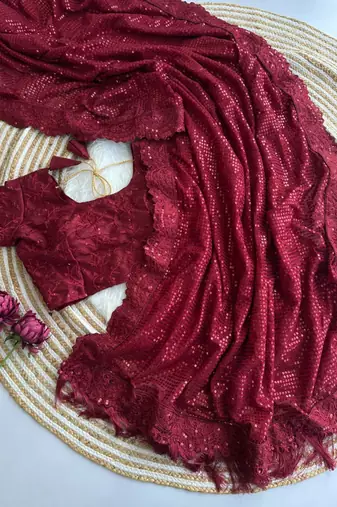Maroon georgette sequins work embroidered saree