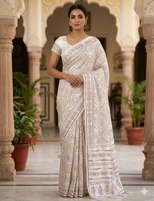 White silk blend bandhej printed saree 1