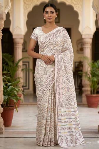 White silk blend bandhej printed saree