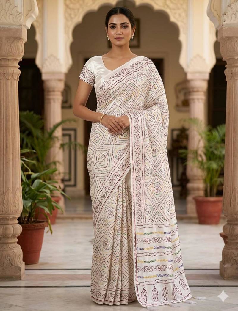 White silk blend bandhej printed saree