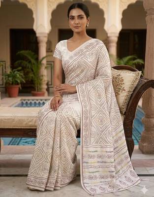 White silk blend bandhej printed saree 2