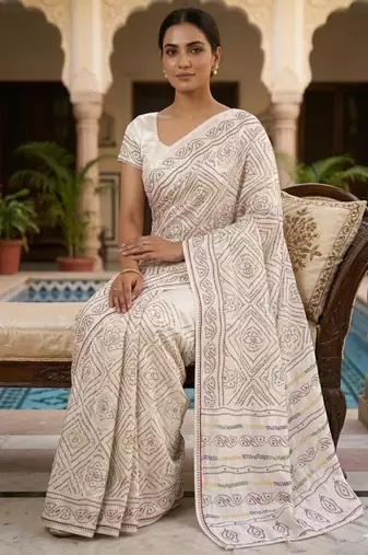 White silk blend bandhej printed saree