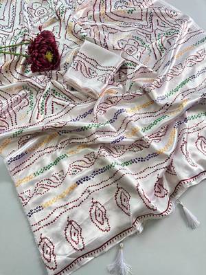 White silk blend bandhej printed saree 3