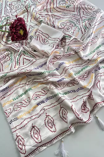 White silk blend bandhej printed saree