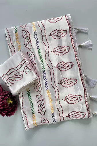 White silk blend bandhej printed saree