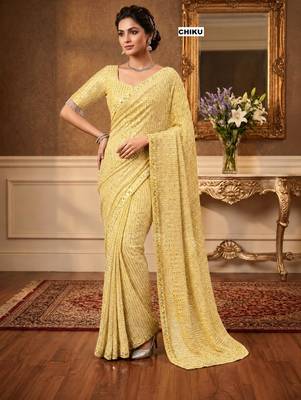 light yellow georgette sequins work embroidered saree 1
