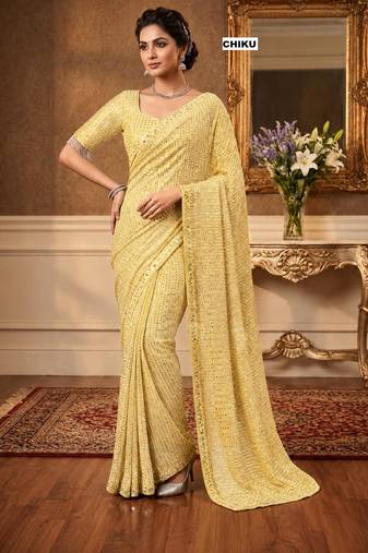light yellow georgette sequins work embroidered saree