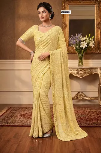 light yellow georgette sequins work embroidered saree