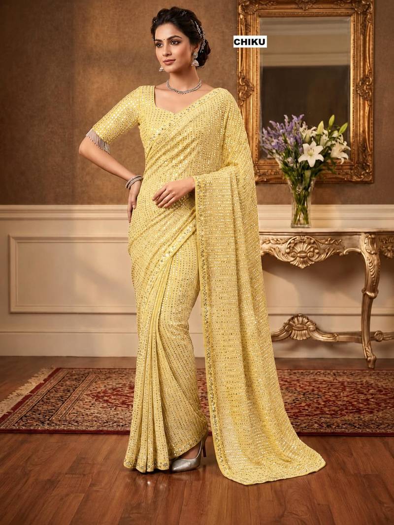 light yellow georgette sequins work embroidered saree