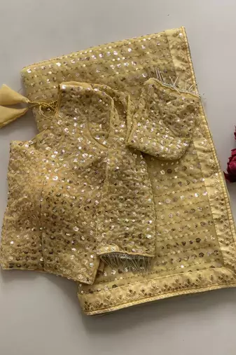 light yellow georgette sequins work embroidered saree