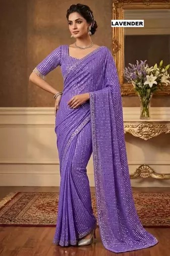 Lavender georgette sequins work embroidered saree
