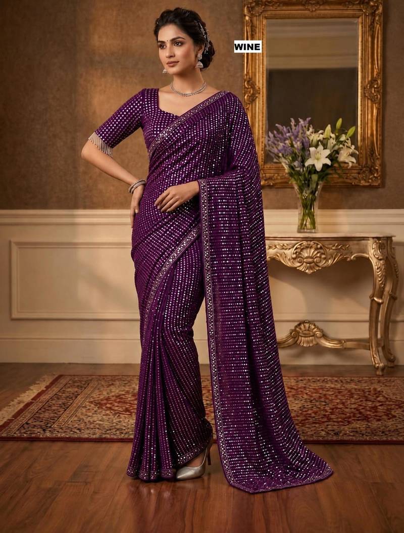 Wine georgette sequins work embroidered saree