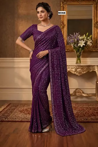 Wine georgette sequins work embroidered saree