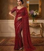 Red georgette sequins work embroidered saree