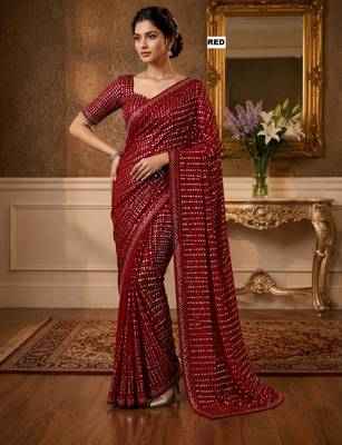 Red georgette sequins work embroidered saree 2
