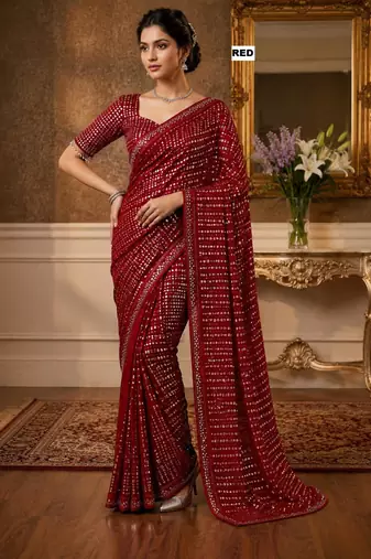 Red georgette sequins work embroidered saree