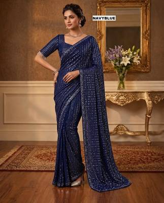 Navy blue georgette sequins work embroidered saree 2