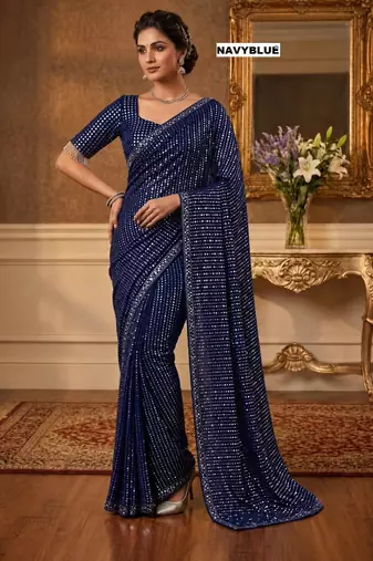 Navy blue georgette sequins work embroidered saree