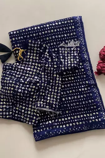 Navy blue georgette sequins work embroidered saree